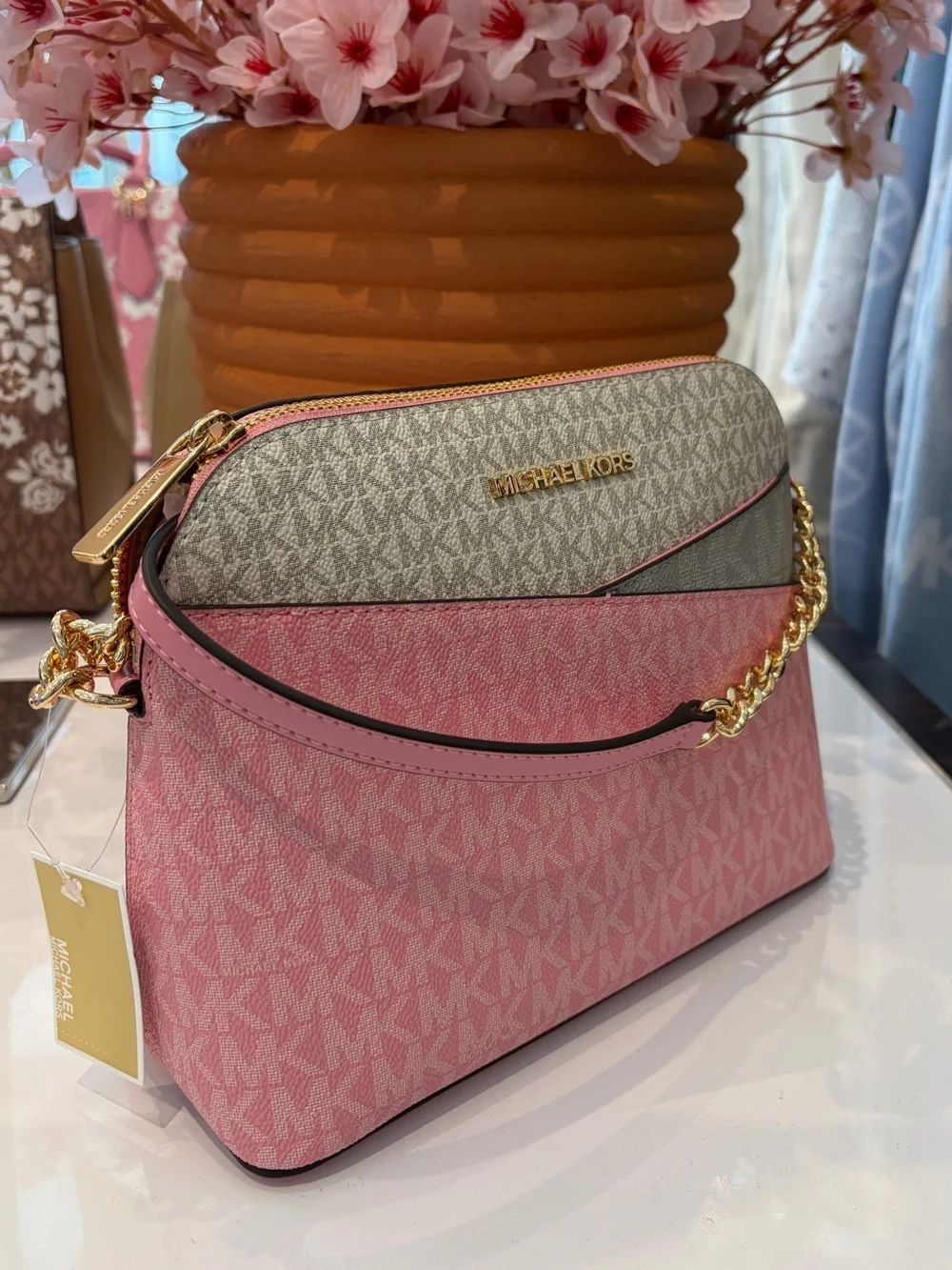 Michael Kors Pink and Beige Colorblock Signature Crossbody